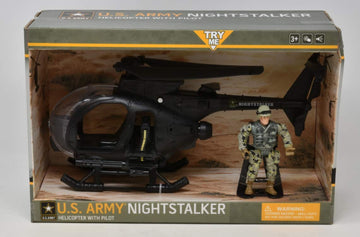US Army Night Stalker Black Military Action Combat Attack Helicopter Toy with Pilot Soldier Figure, Light and Sound Army Copter for Boys, Kids