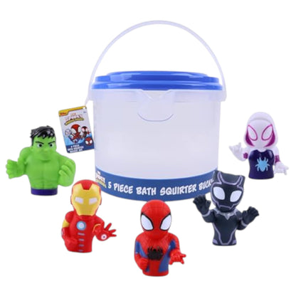 Marvel Spidey & Friends - Plus Avengers - 5 Piece Bath Squirter Bucket Set -Bath Toys for Baby and Toddlers - Includes Organizer Bucket - Store Bath