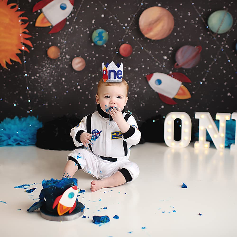 Boy Rocket's Cosmic Birthday Crown - Space Theme High Chair Banner, 3 2 1 Lift-Off, Circle The Sun, Rocket Ship Style