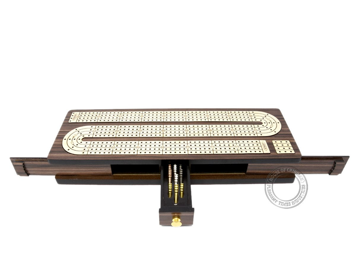 House of Cribbage - Continuous Cribbage Board Inlaid 4 Tracks Rosewood/Maple with Sliding Lids and Drawer