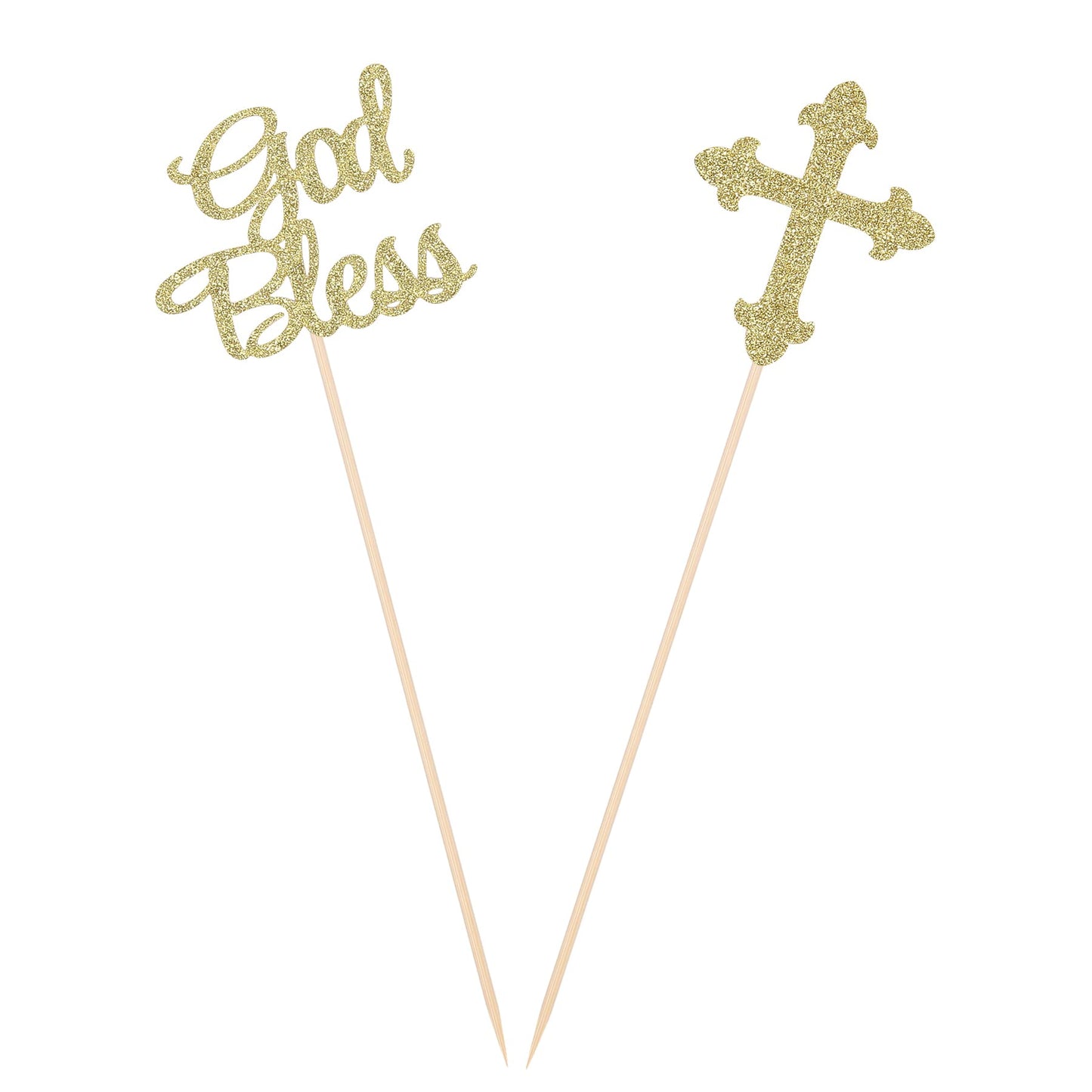 Pack of 10 Sparkly God Bless and Baptism Table Toppers for Christian Community Party Decorations Centerpiece Sticks - Gold