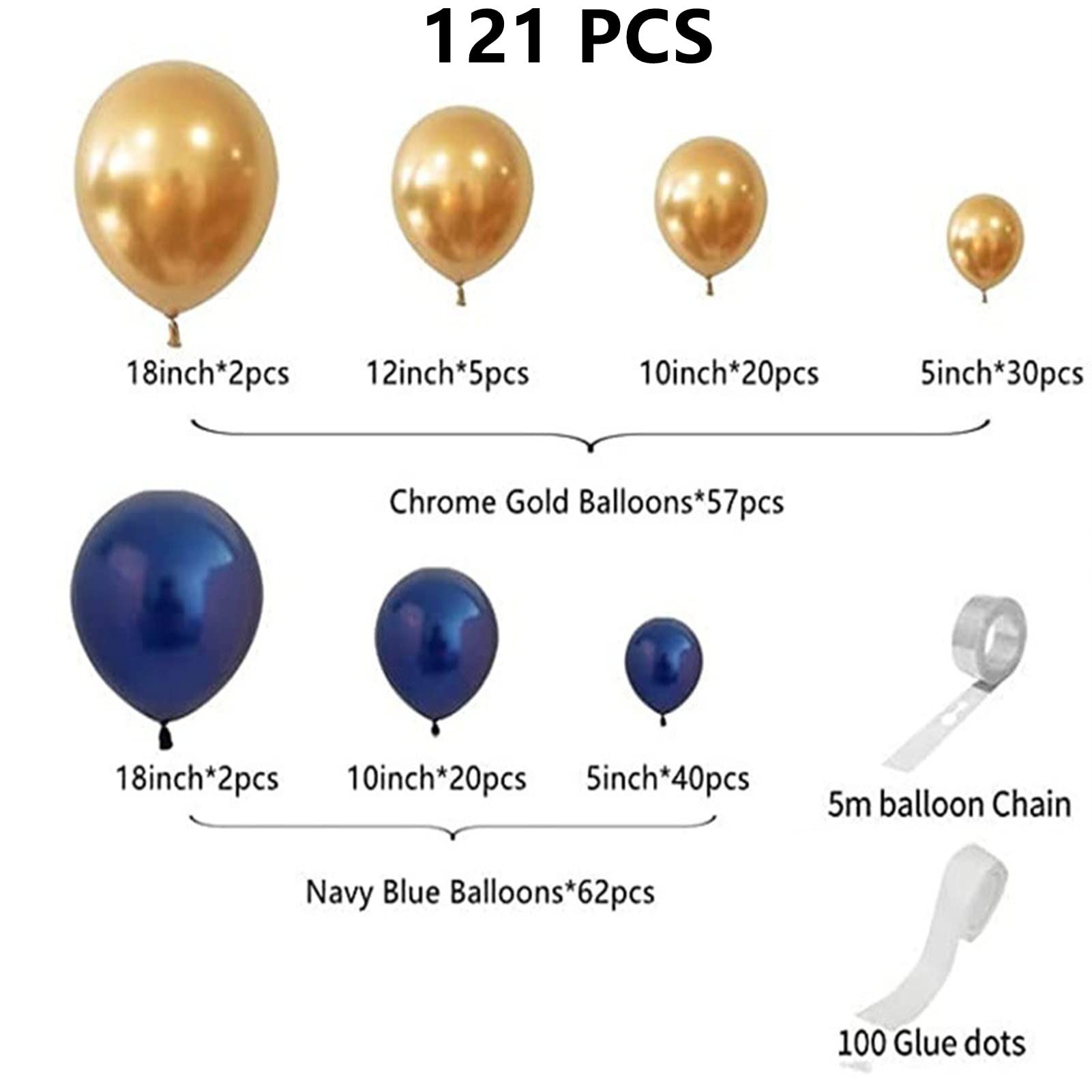121 Pack Navy Blue Balloons Garland Kit Gold Balloons Different Sizes 18/12/10/5 Inch Party Balloon Kit Chrome Gold Balloons for Wedding Graduation