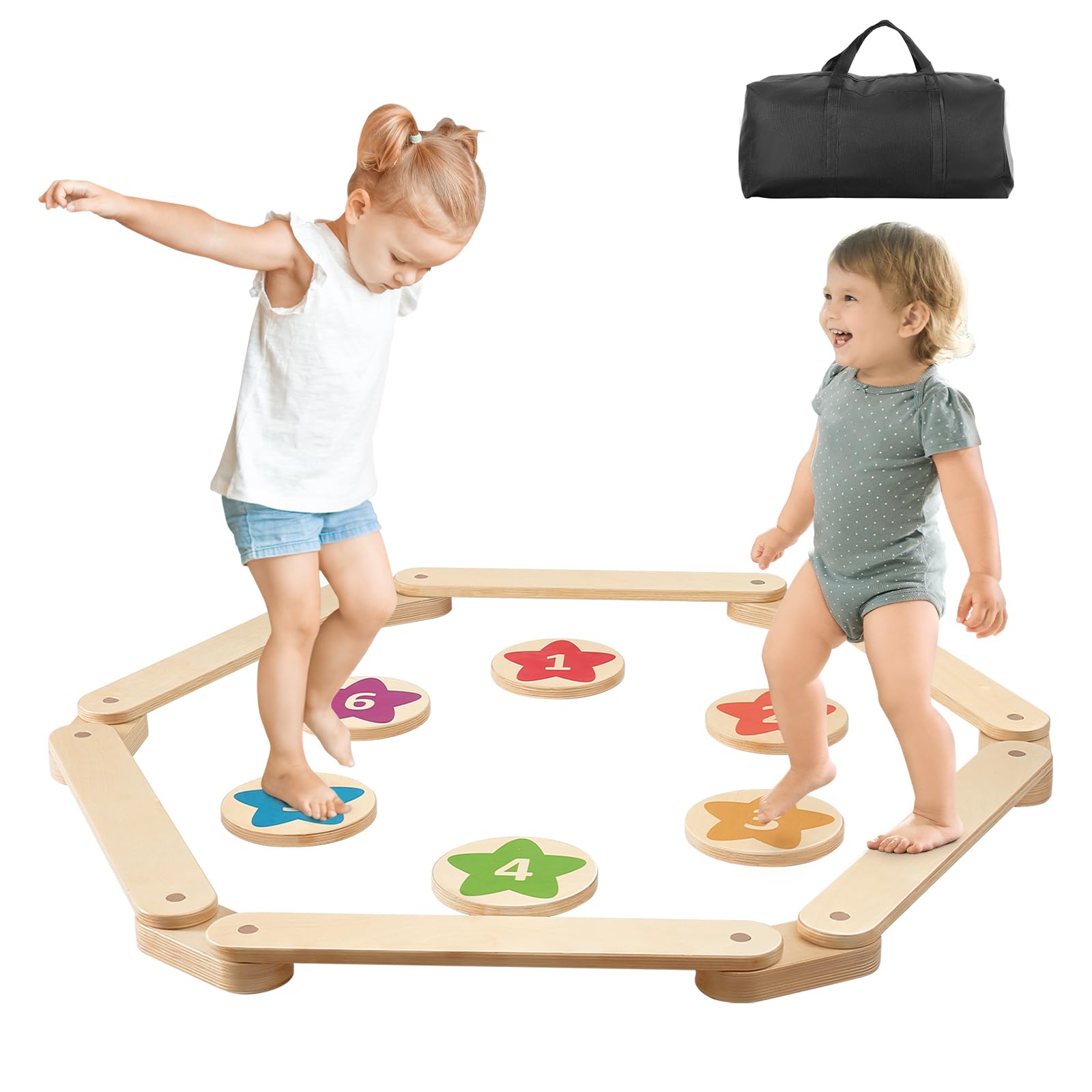 VEVOR Balance Beam Stepping Stones, 6 PCS Wooden Toddler Balance Boards, Montessori Toy for Kids 3-6, Build Coordination and Gross Motor Skills