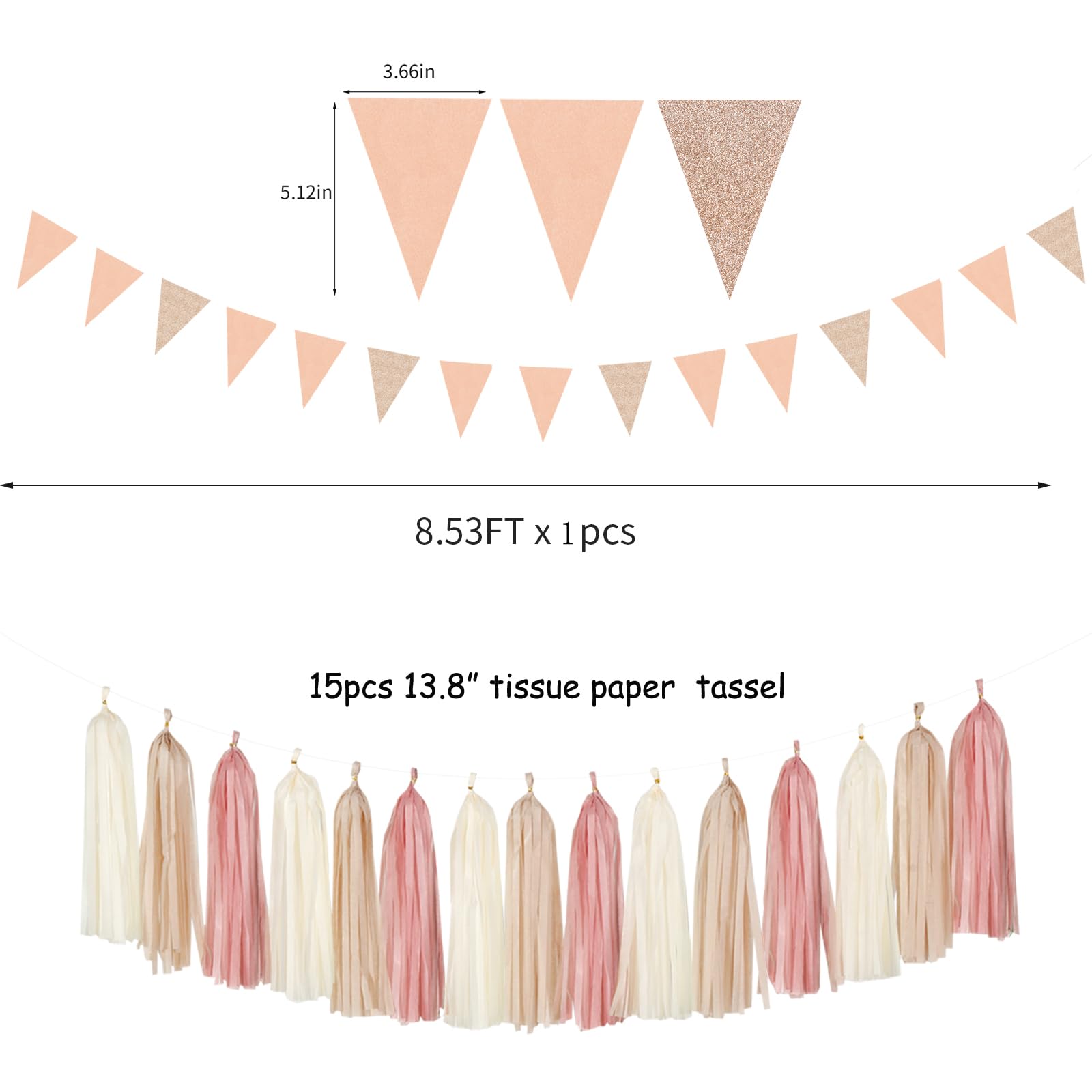 Pink Champagne-Peach Rose-Gold Boho Party Decorations - 23pcs Women Girls Birthday Tissue Pom Poms Streamers,Baby Bridal Shower Tassel Garland