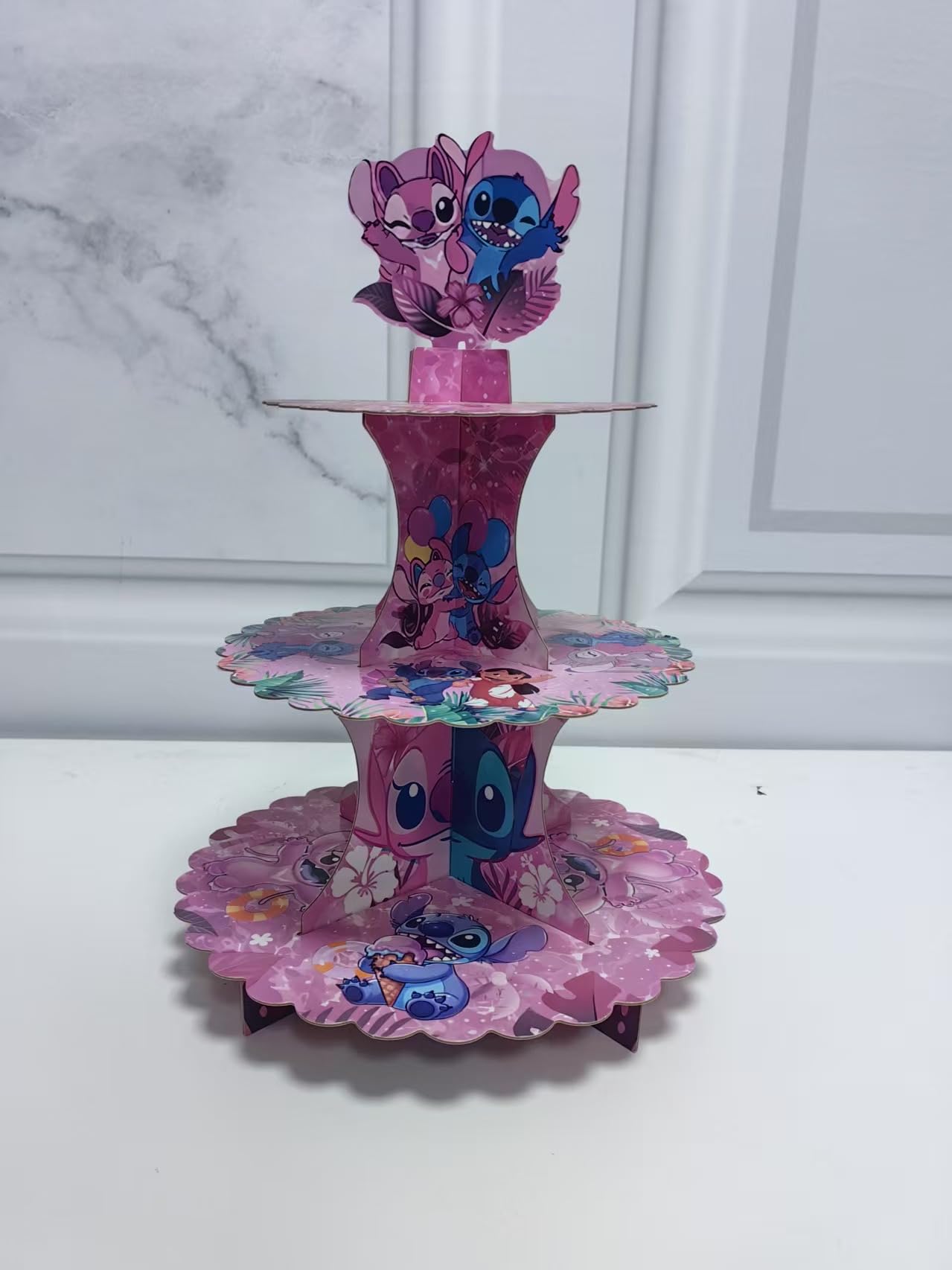 Stitch Cupcake Stand 3-Tier Pink with 24 Stitch Cupcake Toppers - Hawaiian Aloha Luau Birthday Party Decorations for Kids, Stitch Party Supplies
