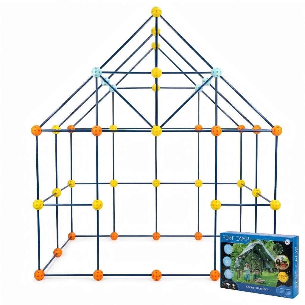 EZMind Fort Building Kit, 158 Pieces Construction STEM Toy Set, Indoor Outdoor Building Blocks with 55 Rods and 48 Balls, Kids DIY Play Fort Ages 3-12