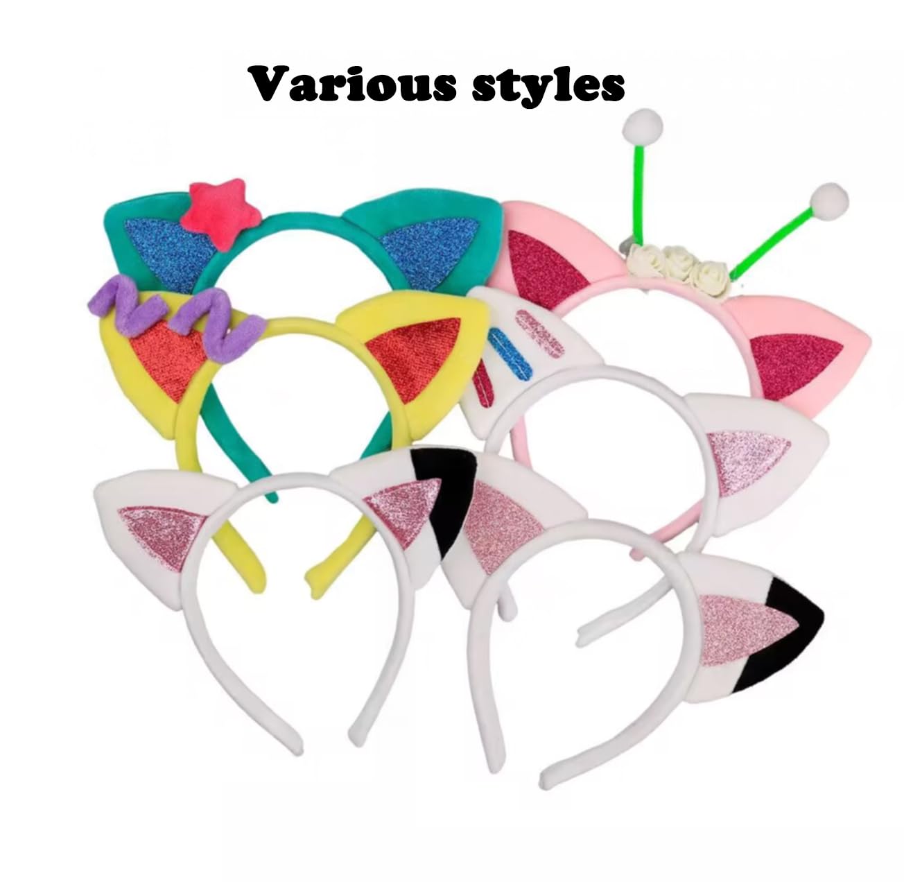 Atvscay 4pcs Plush Cat Ears Headbands, Dollhouse Birthday Party Accessories, Glitter Cartoon Kitty Headwear For Girls Halloween Supplies (4PCS Plush)