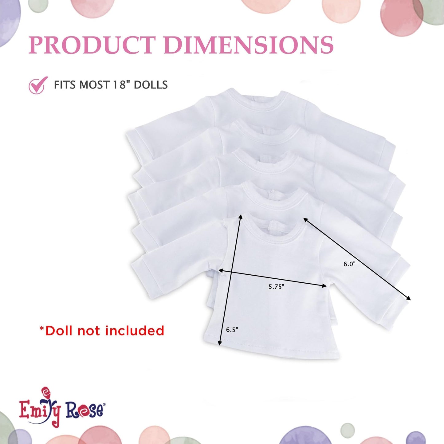 Emily Rose 18 Inch Doll Clothes Value Basics Bright White 5-Pack Long Sleeved T-Shirts Tees for Party Gift Crafting Activity | Compatible with 18"