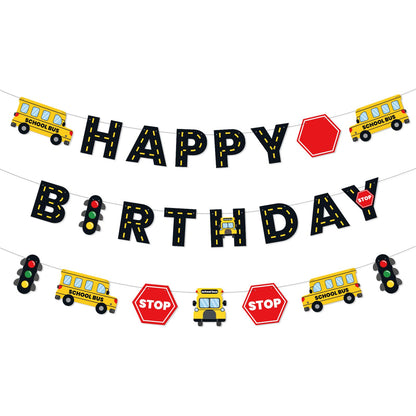 Faisichocalato DIY School Bus Happy Birthday Banner, Birthday Party Garland for Kids Yellow Bus Birthday Party Decorations, Back to School Banner
