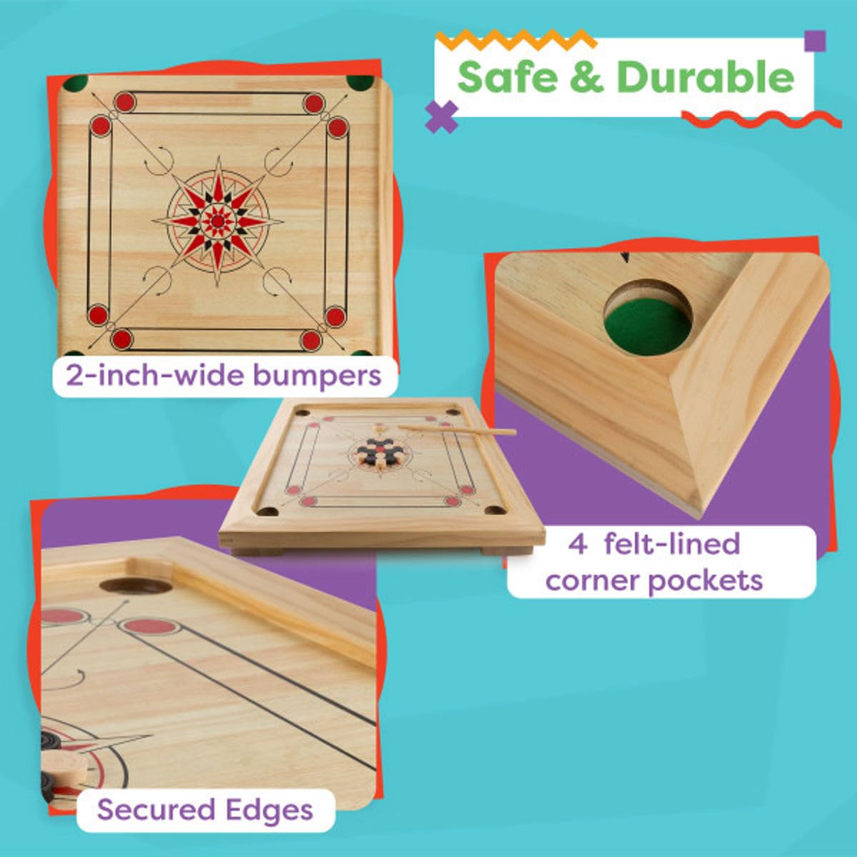 Carrom Board Game - Wooden Strike and Pocket Game Set with Group of Black and Beige Coins, 2 Red Queen Coins, Striker Coin, and Cue Sticks by Hey Play