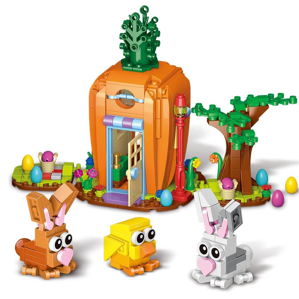 Jarsant Easter Bunny Carrot House Building Set, 2 Rabbits, Chick, Colorful Easter Egg and Basket Toy, Building Blocks Kit Ornaments Gift for Boys