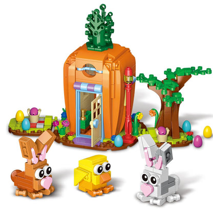 Jarsant Easter Bunny Carrot House Building Set, 2 Rabbits, Chick, Colorful Easter Egg and Basket Toy, Building Blocks Kit Ornaments Gift for Boys