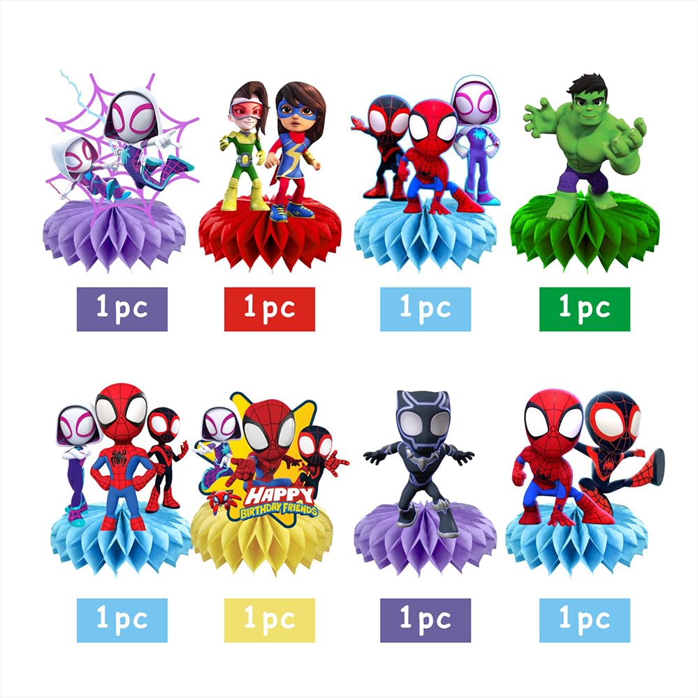 8Pcs Spider and His Friends Honeycomb Table Centerpiece, Cartoon Birthday Party Supplies Table Decorations for Kids Party Decorations