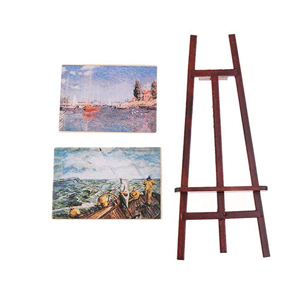 SXFSE Dollhouse Decoration Accessories, 1/12 Dollhouse Miniature Wooden Easel Oil Painting Set