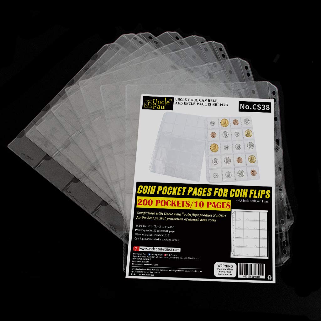 Uncle Paul Coin Binder Sheets for 2" x 2" Cardboard Holders - 200 Pockets for Coin Flips Compatible with Coin Collecting Binder of 4-Ring(A4 Size)