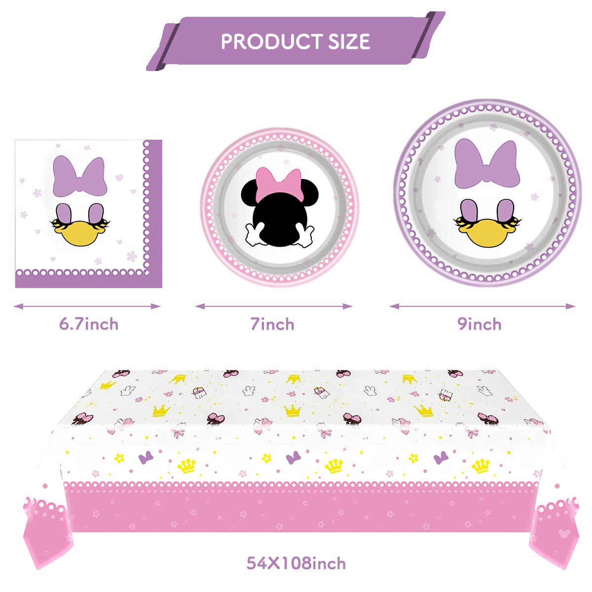 Party Tableware For Cute Mouse,16 pcs Paper Plates (8pcs 9 inch and 8pcs 7inch)-20 Napkin and Table Cloth 86” x 52”,Girl Cute Mouse Birthday Party