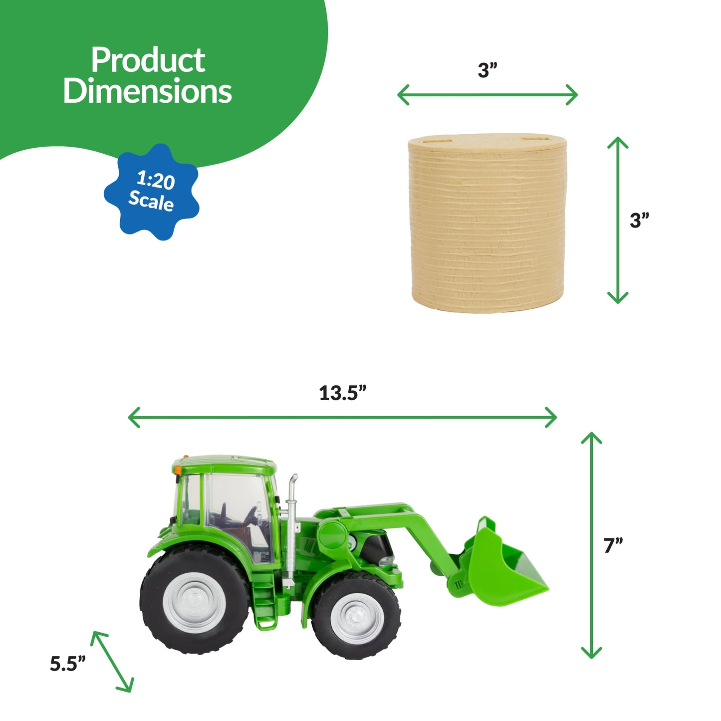 Big Country Toys Tractor & Implements, 1:20 Scale, Toy Tractor with Hay Bale and Bucket Attachment, Working Doors, Green, Ages 3 and Up…