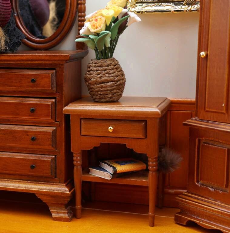EatingBiting 1:12 1/12 Scale Miniature Wooden Furniture Dollhouse Closet Wardrobe Cabinet Bedside Table Nightstand Figurines for Acessories Coffe