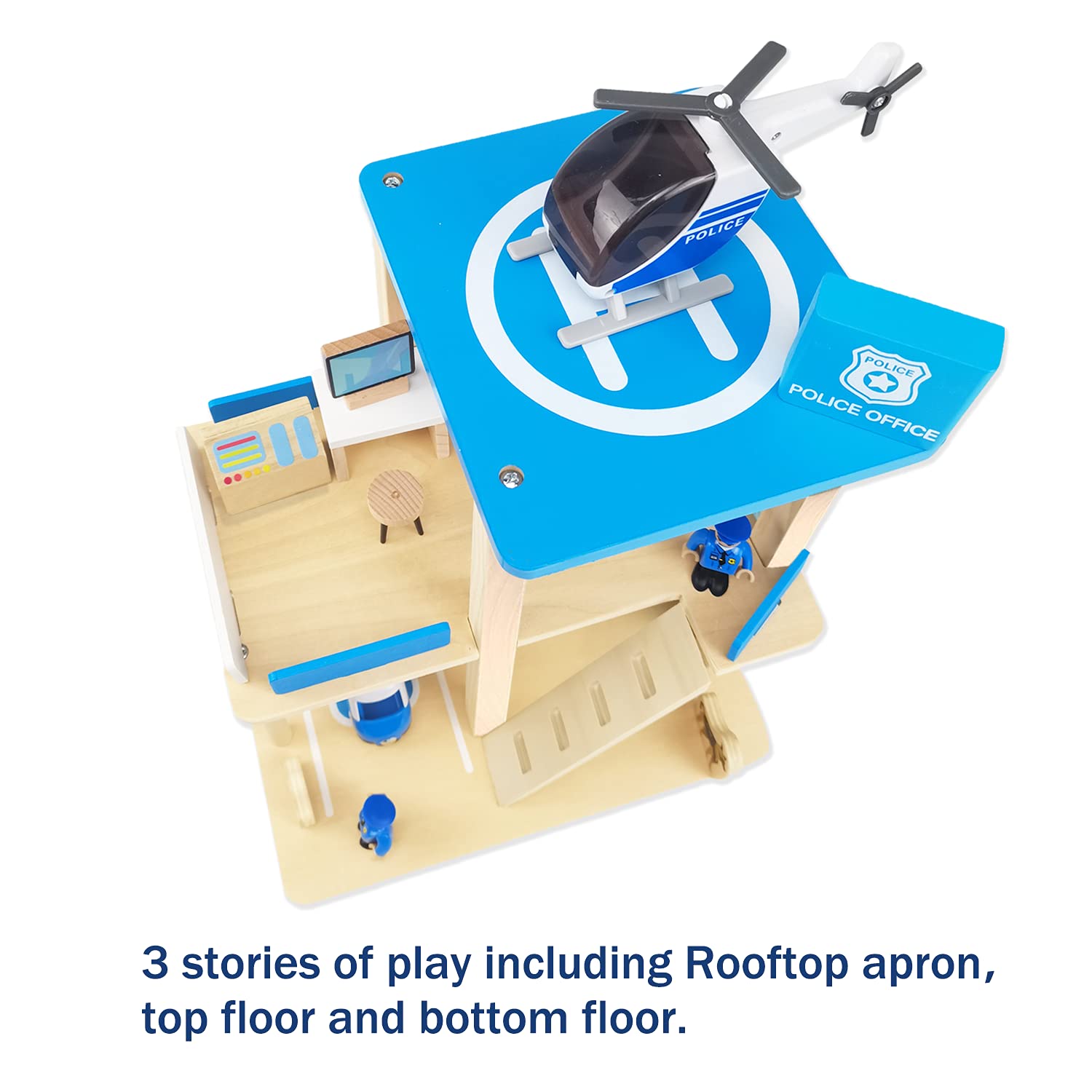 Wooden Police Station Playset Toy, Multicolor 3-Level Pretend Play Dollhouse Set with Figures, Car, Helicopter and Accessories, Preschool Learning