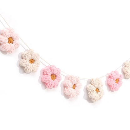 Boho Crochet Daisy Garland - Pink and Beige Yarn Floral Banner for Baby Girl Nursery Decor, Handmade Daisy Garland for Birthday Party, Boho Room Wall