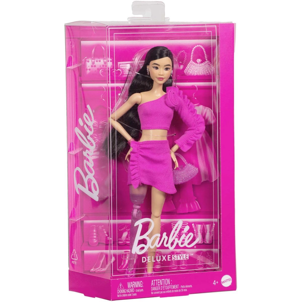 Barbie Deluxe Style Doll #2 in Barbiecore Outfit, Black Hair and Glittery Prosthetic Leg, Pink Top and Skirt Set with Rosette Detail and Accessories