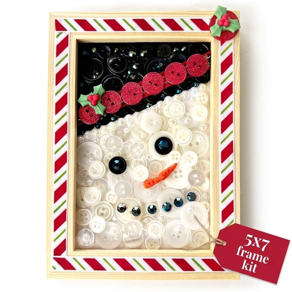 Buttons Galore & More Winter Snowman DIY Button Art Frame Kit, Natural Wood with Black White Buttons, 5x7 Inches, Holiday Wall Decor, Ages 6+
