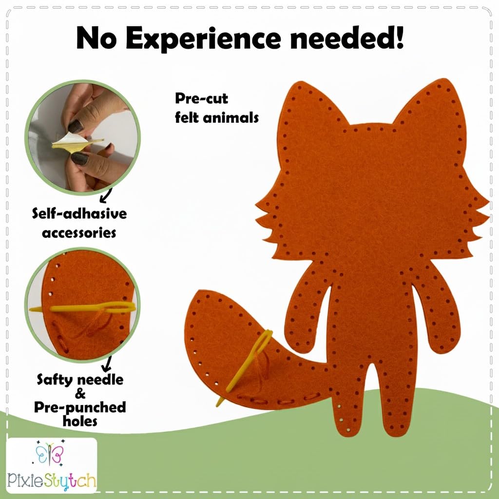 Pixiestytch Sewing Kit for Kids - Sew & Create 6 Adorable Stuffed Animal Projects - Fun DIY Craft Set for Ages 6 and up - Educational & Creative