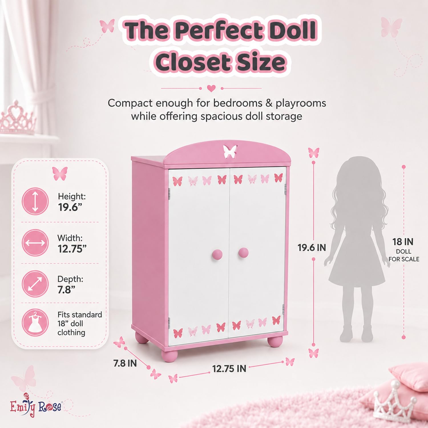 Emily Rose 18 Inch Doll Clothes Storage Closet w/5 Notched Hangers - Pink