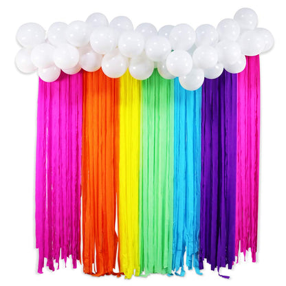 Rainbow Party Backdrop with Balloons Garland, Rainbow Cloud Birthday Photo Backdrops Props Booth Rainbow Crepe Paper Streamers Rolls for Kids Rainbow