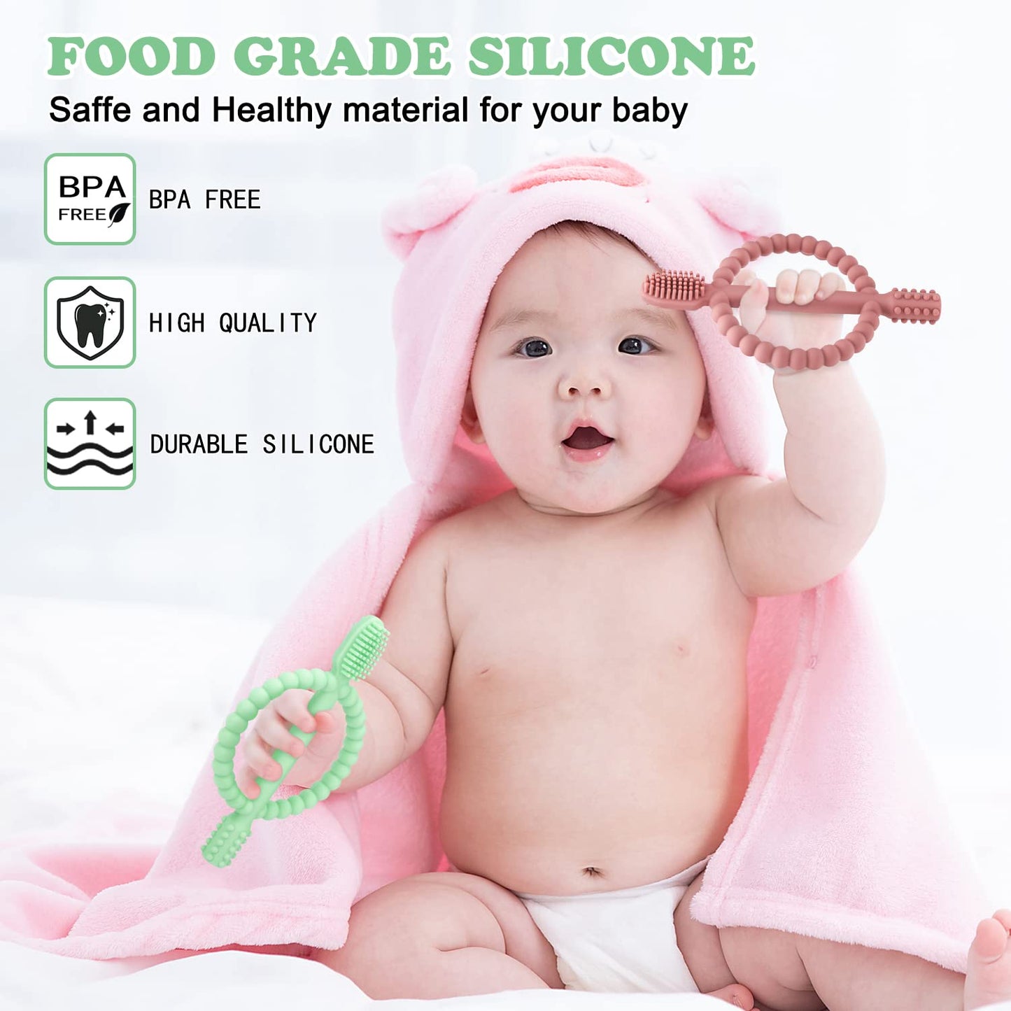 Baby Teething Toys with Easy-Hold Handle, Silicone Infant Toothbrush, Textured On Both Sides Helps Massage, Soothe Sore Gums, Teething Toys for Babies
