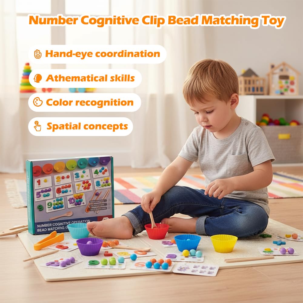 SWIMDOG Montessori Arithmetic Math Toy Set, Toddler Wooden Montessori Toys for 2 3 4 5 6 Years Old, Number Cognitive Clip Bead Matching Game, Boy Girl