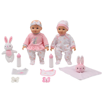 Dream Collection: Deluxe Twin Set - Bunny - 2 Lifelike 14" Baby Dolls, 4 pc Feeding Accessories, Soft Body, Pacifiers, Pretend Play, Kids Ages 2+