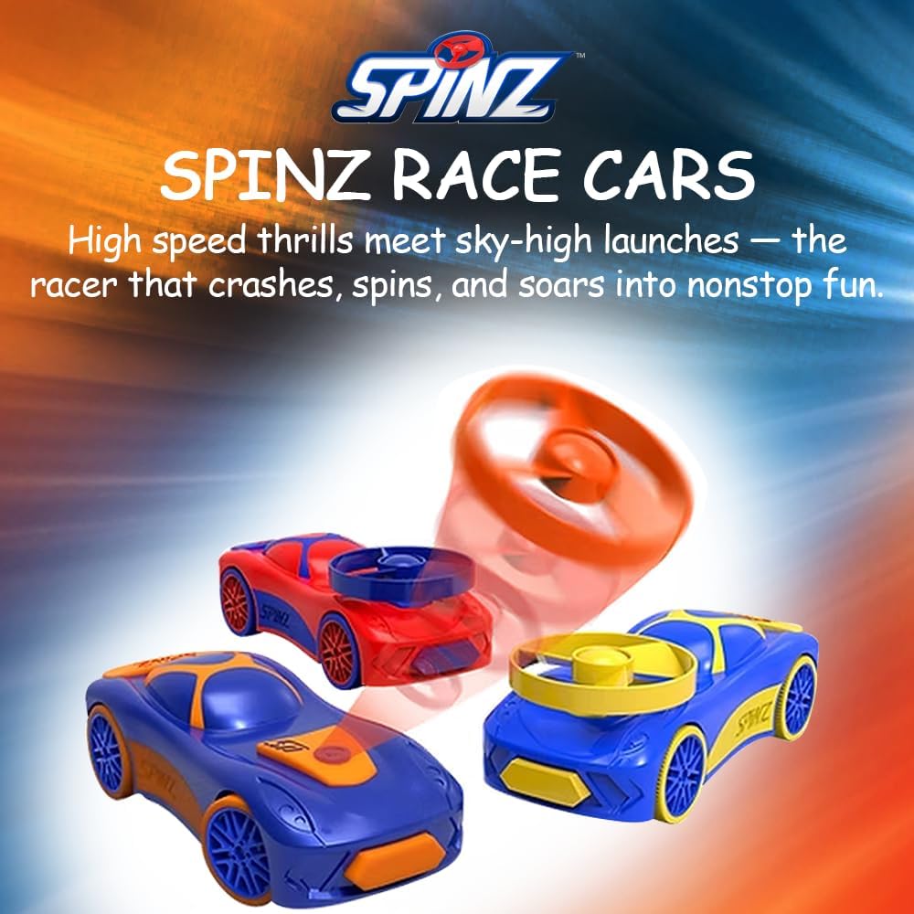 Spinz Race Car with Flying Disc Launcher, Pull Back Bumper Toy Racer, Kids, Boys, Girls Gift, Red & Blue, Ages 3+