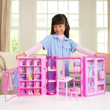 Barbie Dream Dressing Room Playset with 29 Pieces Including Doll, Vanity, Clothing Racks & Accessories, Portable Folding Closet with Handle