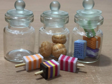 3pc Miniature Food Chocolate Cake Candy Cookie Dollhouse Cake in Clear Glass Mini Bottle Fruit Food #MF083