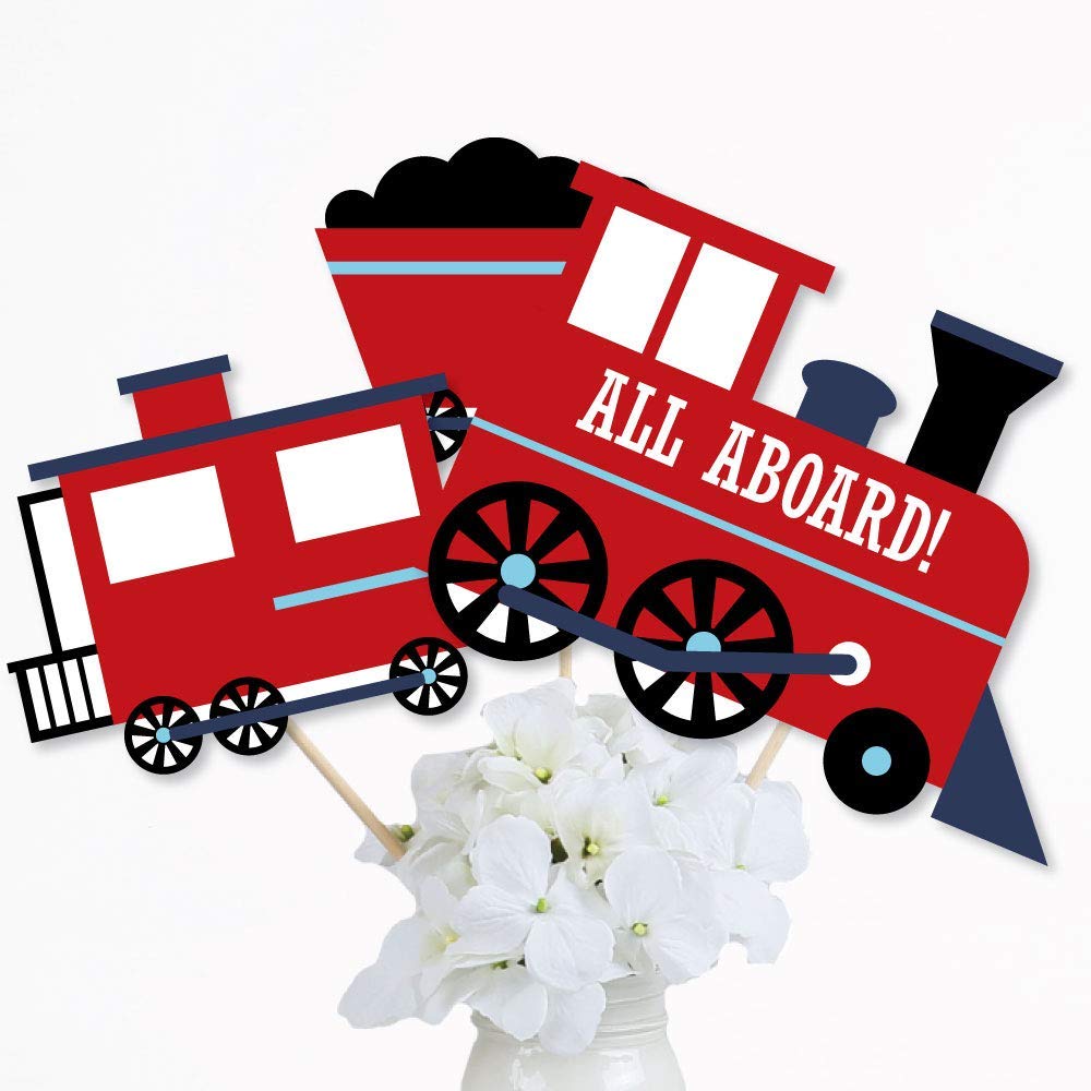 Big Dot of Happiness Railroad Party Crossing - Steam Train Birthday Party or Baby Shower Centerpiece Sticks - Table Toppers - Set of 15