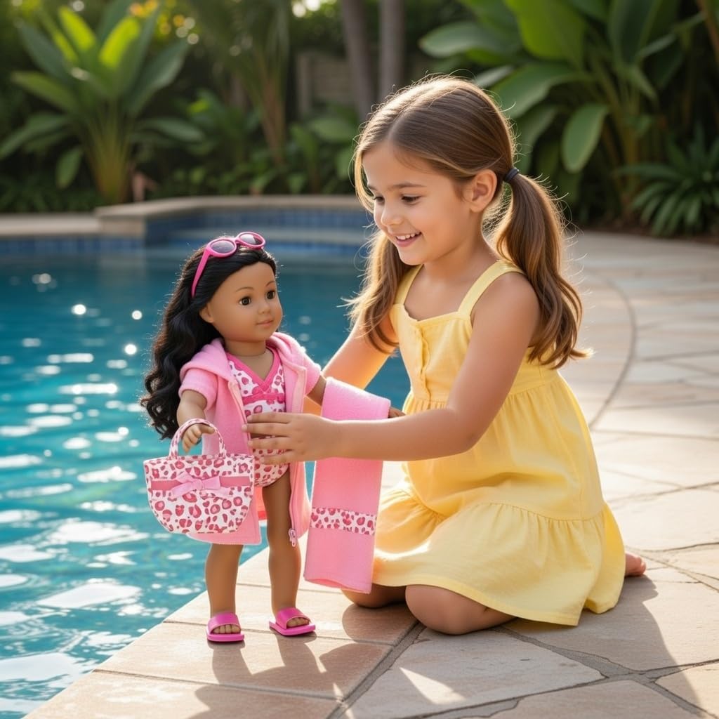 Emily Rose 18 Inch Doll Bathing Suit Set - 7 Piece Tankini Swimsuit Outfit with Hooded Coverup, Towel, Sunglasses, Sandals & Tote Bag - Doll NOT