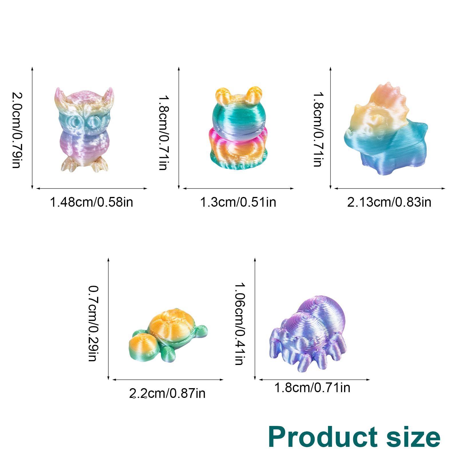 pkaoakyo 150Pcs 3D Printed Miniature Animals - Owl, Frog, Rhinoceros, Spider, Turtle - 2cm Figurines with Gradient Colors, Safe & Eco-Friendly