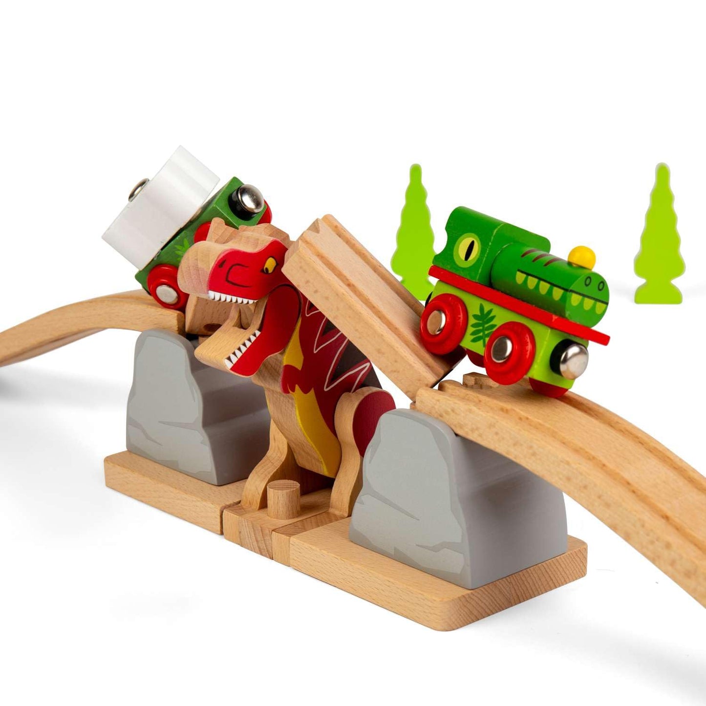 Bigjigs Rail T-Rex Bursting Bridge | Kids Dinosaur Themed Wooden Train Track Accessories | Lifting Bridges with Toy Dinosaurs | Montessori Educational