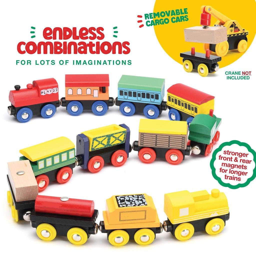 Wooden Train Set 12 PCS - Train Toys Magnetic Set Includes 3 Engines - Toy Train Sets For Kids Toddler Boys And Girls - Compatible With All Major