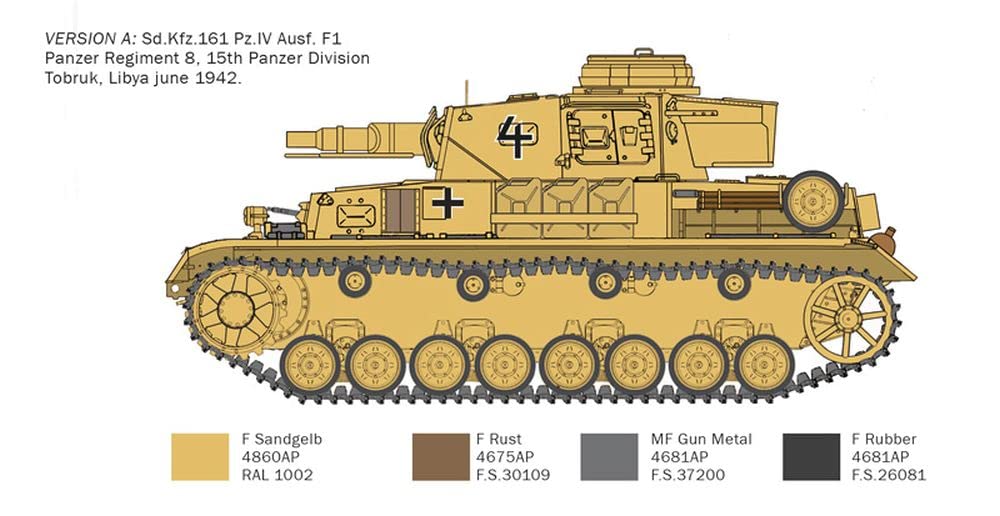 Italeri -6593 Pcs. Kpfw. IV F1/F2/G El Alamein, 1:35 Scale, Model Kit, Plastic Model to Mount, Modeling, Multicoloured, IT6593