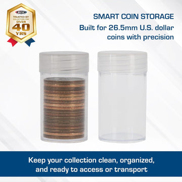 BCW Coin Tubes for Small Dollars - 5ct | Holds "Sacagawea", Presidential, and Susan B. Anthony Small Dollar Coins | Durable Plastic Tube Coin Holders