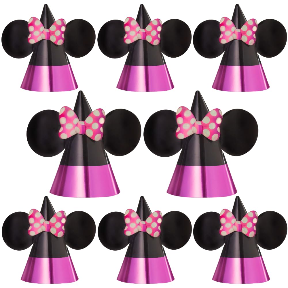 Minnie Mouse Forever Pink & Black Cone Hats - 7.25" x 6.5" (8 Pcs) - Vibrant Foil & Paper Party Accessories for Kids Themed-Parties & Events