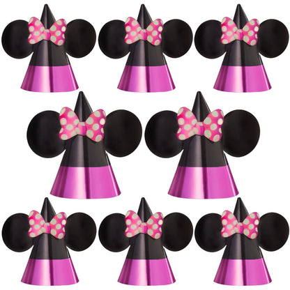 Minnie Mouse Forever Pink & Black Cone Hats - 7.25" x 6.5" (8 Pcs) - Vibrant Foil & Paper Party Accessories for Kids Themed-Parties & Events