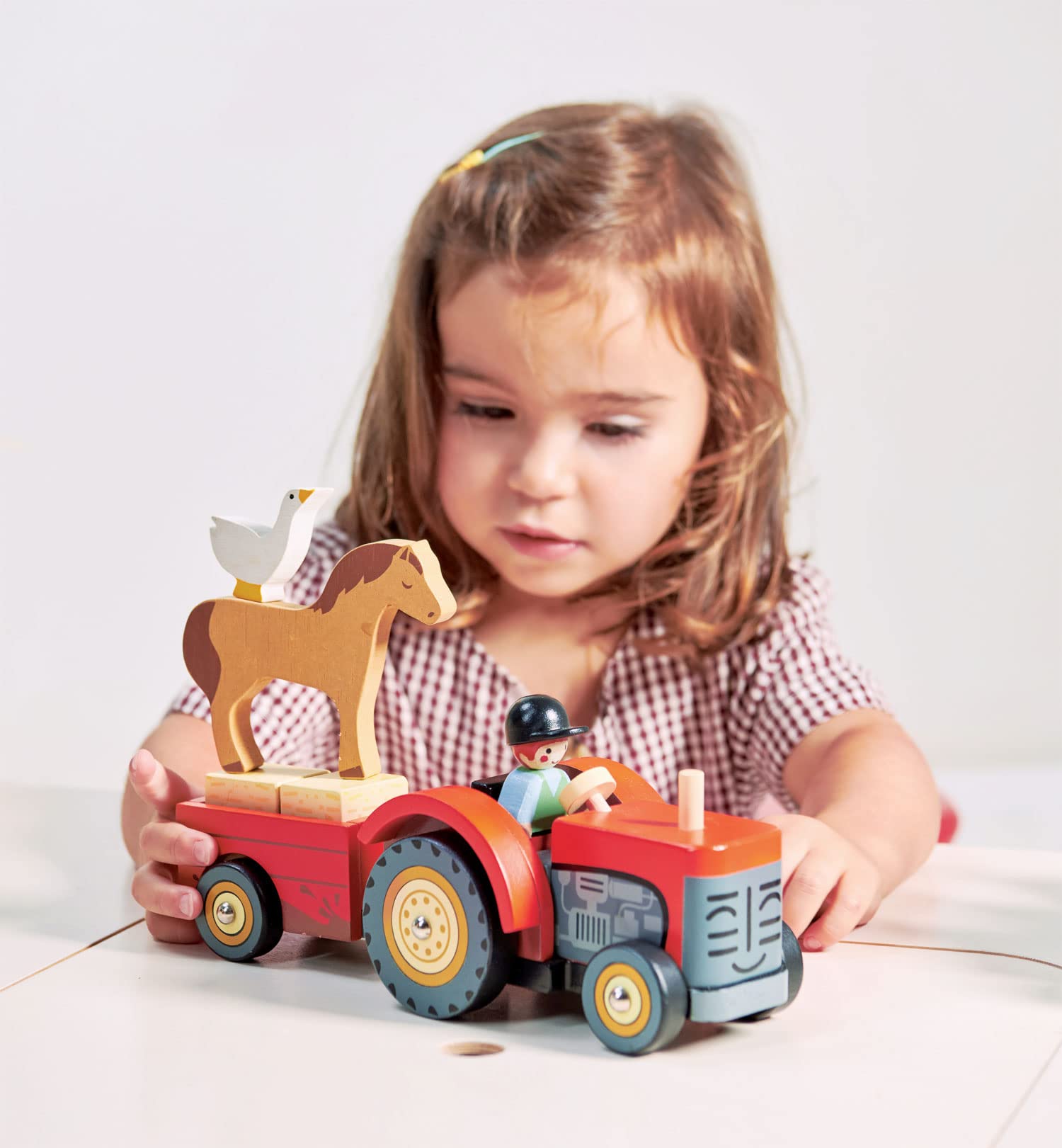 Tender Leaf Toys - Farmyard Tractor - Wooden Tractor Toy with Removeable Trailer, Animals and Accessories - Open-Ended Play Toy, Farm Pretend Play