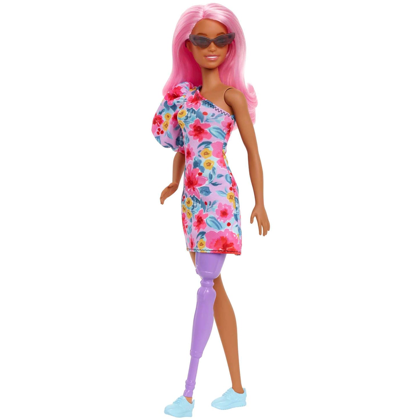 Barbie Fashionistas Doll #189 with Pink Hair & Prosthetic Leg Wearing Floral Dress & Accessories Including Sneakers & Sunglasses