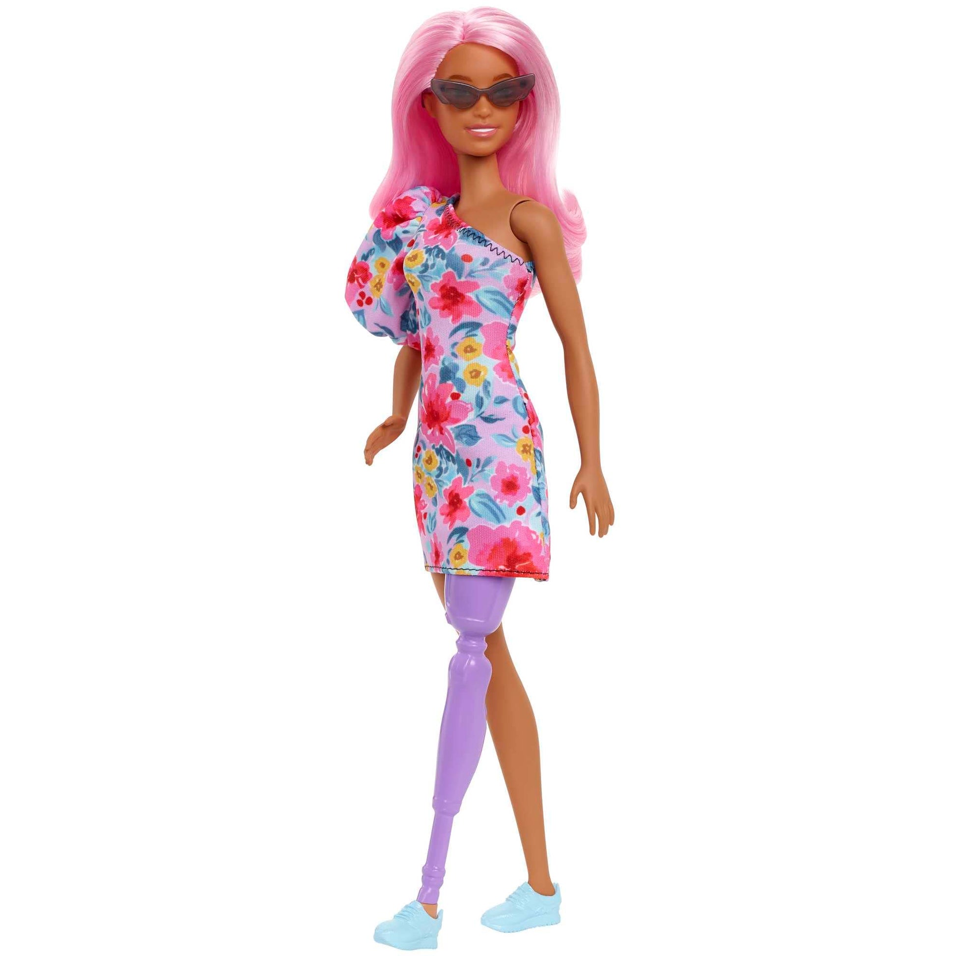 Barbie Fashionistas Doll #189 with Pink Hair & Prosthetic Leg Wearing Floral Dress & Accessories Including Sneakers & Sunglasses