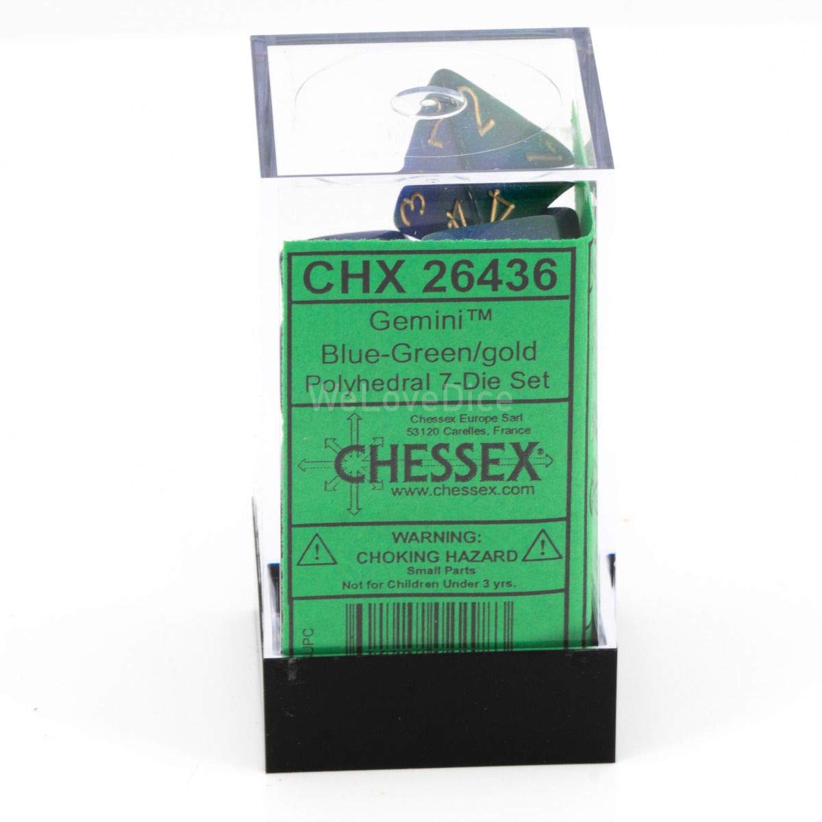 DND Dice Set-Chessex D&D Dice-16mm Gemini Blue, Green, and Gold Plastic Polyhedral Dice Set-Dungeons and Dragons Dice Includes 7 Dice - D4 D6 D8 D10