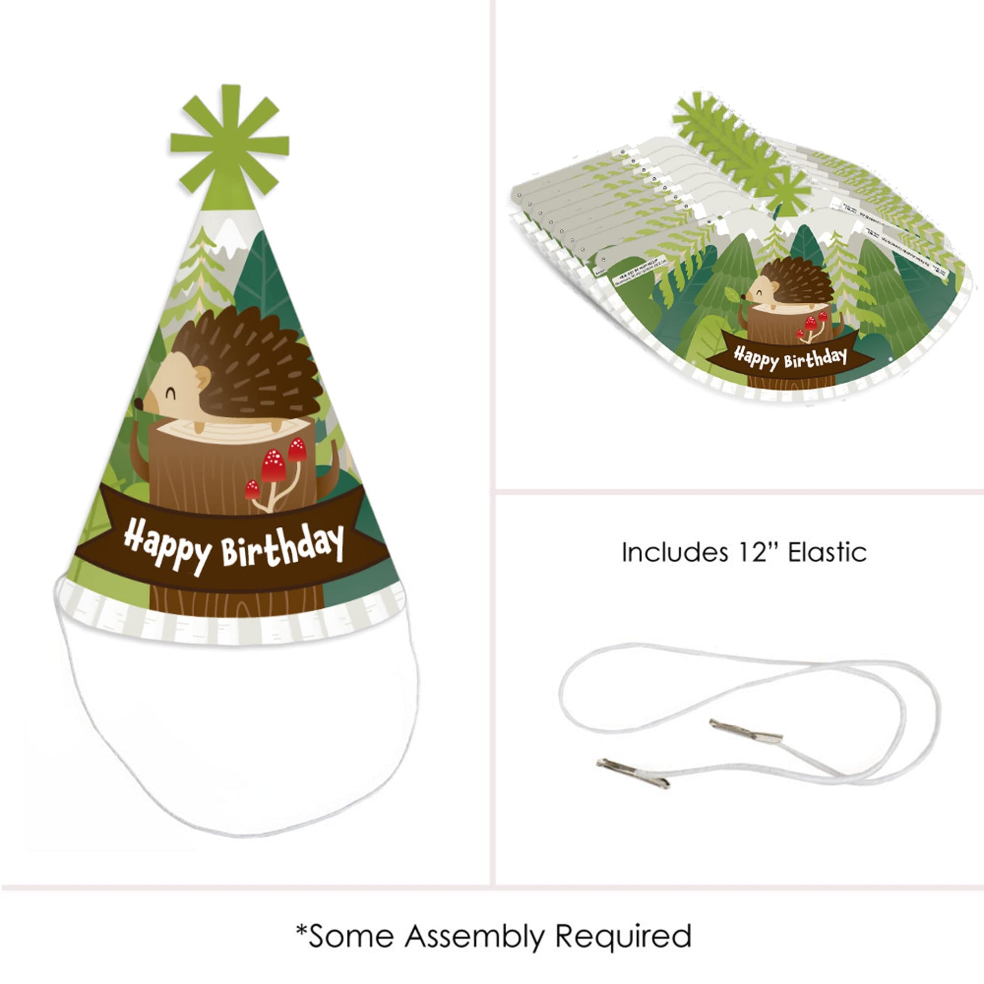 Big Dot of Happiness Forest Hedgehogs - Cone Happy Birthday Party Hats for Kids and Adults - Set of 8 (Standard Size)