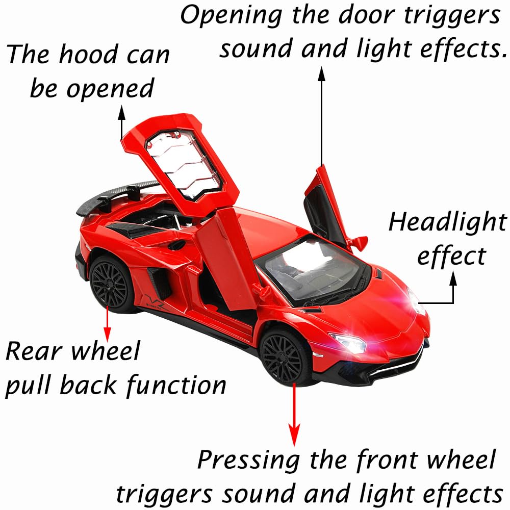 iLooboo Toy Car Model Red Aventador Pull Back Vehicles Diecast with Light & Sound